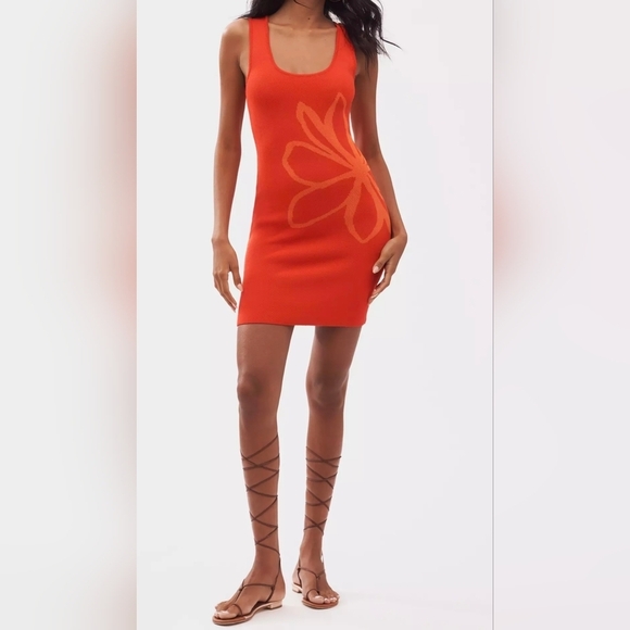 Anthropologie Dresses & Skirts - Flat White Anthro Sleeveless Square-Neck Flower-Print Knit Mini Dress Red Orange